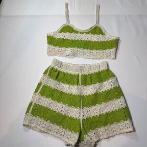 Rebellion Again Green White Coastal Crochet Crop Top Shorts Set Women's Small